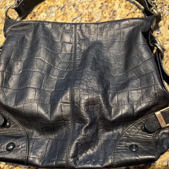 Adrienne Vittadini Large Black Textured Leather Hobo Satchel Shoulder Bag Slouch - Picture 3 of 8